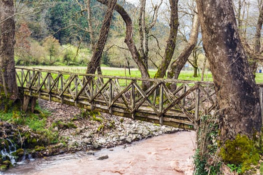 View of a small wooden bridge at Evrytania, Greece