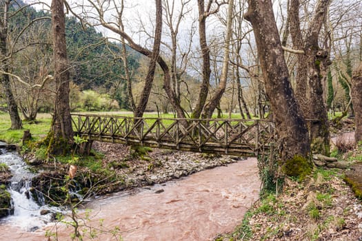 View of a small wooden bridge at Evrytania, Greece