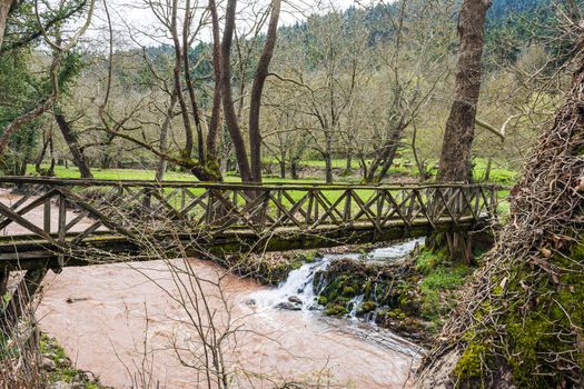 View of a small wooden bridge at Evrytania, Greece