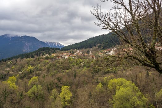 Remote view of a traditional village in Evrytania, Greece.