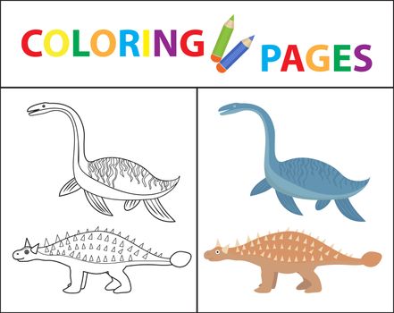 Coloring book page for kids. Dinosaurs set. Sketch outline and color version. Childrens education. illustration.