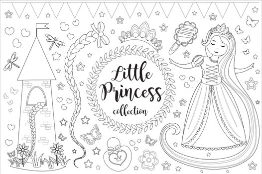 Cute little princess Rapunzel set Coloring book page for kids. Collection of design element sketch outline, doodle style. Kids baby clip art funny smiling kit. illustration.