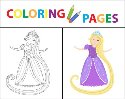Coloring book page for kids. Rapunsel princess. Sketch outline and color version. Childrens education. illustration.