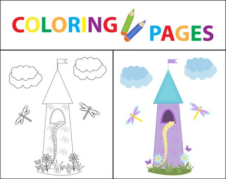 Coloring book page for kids. Rapunsel tower. Sketch outline and color version. Childrens education. illustration.