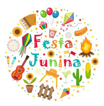 Festa Junina set of icons in a round shape. Brazilian Latin American festival collection of design elements with traditional symbols. illustration