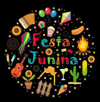 Festa Junina set of icons in a round shape. Brazilian Latin American festival collection of design elements with traditional symbols. illustration