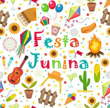 Festa Junina seamless pattern. Brazilian Latin American festival endless background. Repeating texture with traditional symbols. illustration