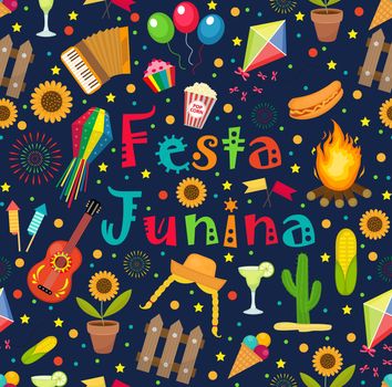 Festa Junina seamless pattern. Brazilian Latin American festival endless background. Repeating texture with traditional symbols. illustration