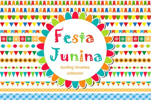 Festa Junina patterned set of brushes, bunting, flags. Festive decorations, border isolated on white background. illustration