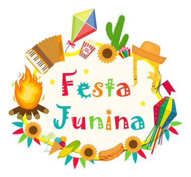 Festa Junina frame with space for text. Brazilian Latin American festival blank template for your design, isolated on white background. illustration