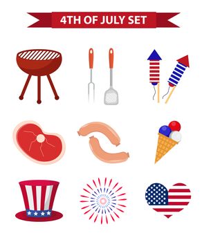 Set of patriotic icons Independence Day of America. July 4th collection of design elements, isolated on white background. National celebration, barbecue, BBQ. illustration, clip art
