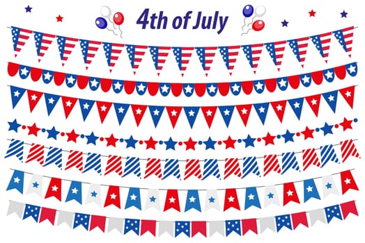 American Independence Day, celebration in USA, set bunting, flags, garland. Collection of decorative elements for July 4th national holiday. illustration, clip art