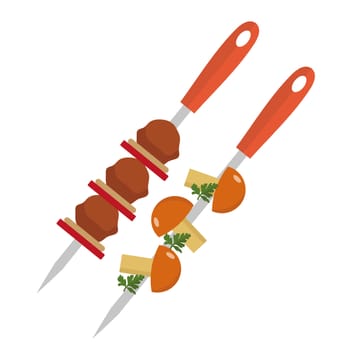 Shish kebab on skewers with pork and mushrooms icon, flat style. Isolated on white background. illustration