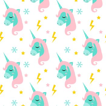 Magic Unicorn seamless pattern. Modern fairytale endless textures, magical repeating backgrounds. Cute baby backdrops. illustration