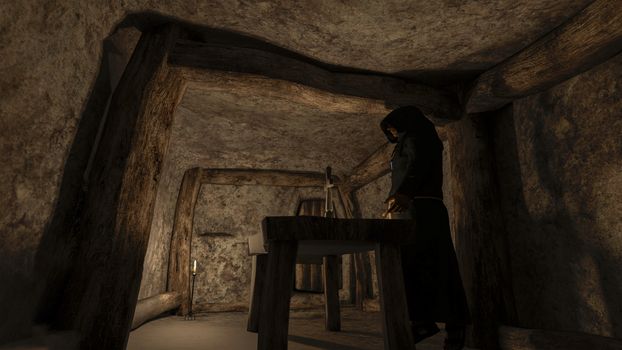 Monk - priest - in front of the cross in the crypt - 3D rendering