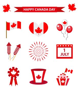 Happy Canada Day icons set, design elements, flat style. July 1 National Day of Canada holiday collection of objects with firework, flag, hat, balloons, emblem. illustration