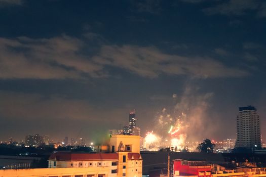 New Year fireworks in Bangkok. Beautiful night panorama. Celebrating festive salute