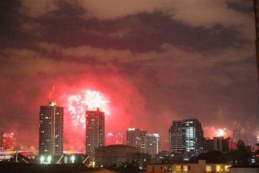 Gorgeous fireworks over Bangkok in Thailand celebrating New Years Eve.