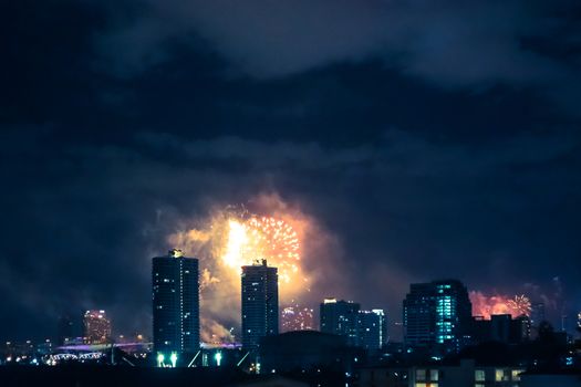 Fireworks display over the Bangkok city in Thailand.