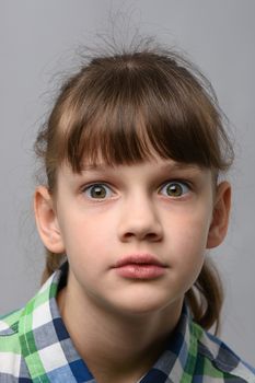 Portrait of ten year old girl in shock with bulging eyes, European appearance, close-up