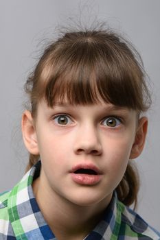 Portrait of a very surprised ten year old girl with bulging eyes and open mouth, European appearance, close-up
