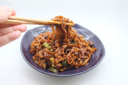 Korean Black bean noodle or jajangmyeon - noodle with black sauce