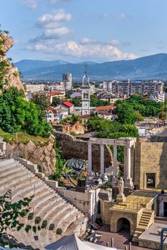 Plovdiv, Bulgaria - 07.24.2019. Ancient Roman amphitheater in Plovdiv, Bulgaria. Big size panoramic view on a sunny summer day