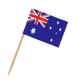 Small paper Australian flag on wooden stick, isolated on white
