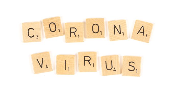 Corona virus scrable letters, isolated on a white background