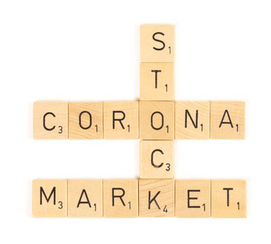 Corona stock market scrable letters, isolated on a white background