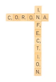 Corona infection scrable letters, isolated on a white background