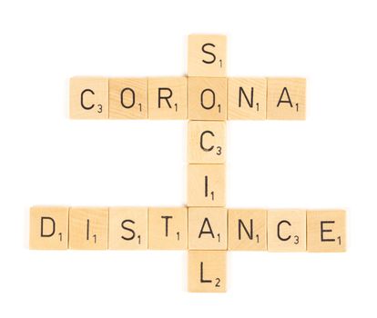 Corona social distance scrable letters, isolated on a white background