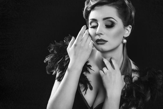 young brunette girl model and actress closeup portrait, black and white