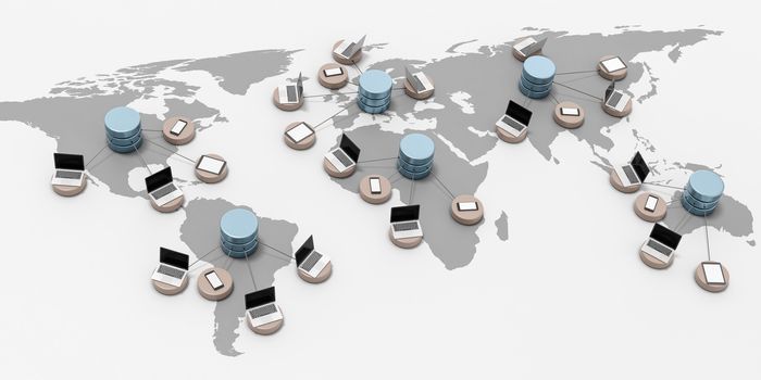 World Map with Laptop Computers, Mobile Phones and Tablet PC Connected Together 3D Illustration, Global Network Concept