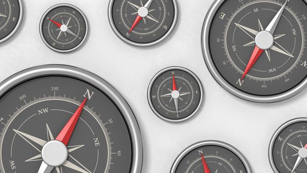 Many Metallic Compasses with Red Magnetic Needle Pointing in Different Directions on a Light Gray Plastered Background 3D Illustration