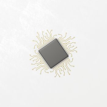 Black Computer Microchip Integrated Circuit with Conductive Traces on a Light Gray Plastered Background 3D Illustration