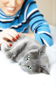 Cat pampering indoors and smiling woman. Shallow depth of field