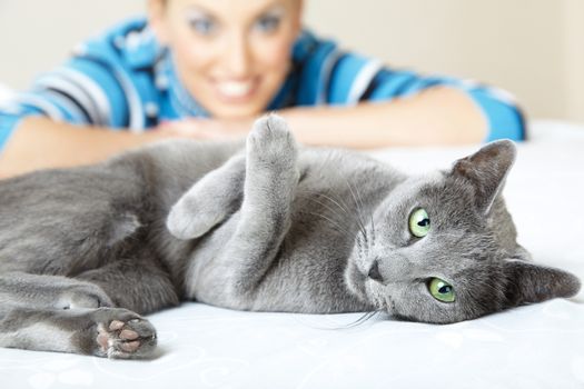 Cat pampering indoors and smiling woman. Shallow depth of field