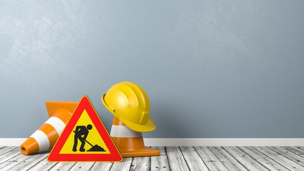Construction Site, Hard Hat, Traffic Cones and Under Construction Roadsign on Wooden Floor in the Room with Copy Space 3D Illustration