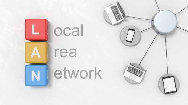 Black Local Area Network Text, LAN Acronym on Colorful Cubes, Laptop Computers, Mobile Phone and Tablet PC on a Light Gray Plastered Background 3D Illustration