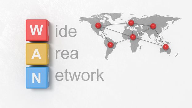 Black Wide Area Network Text, WAN Colorful Cubes and World Map with Red Spots Connected Together on a Light Gray Plastered Background 3D Illustration