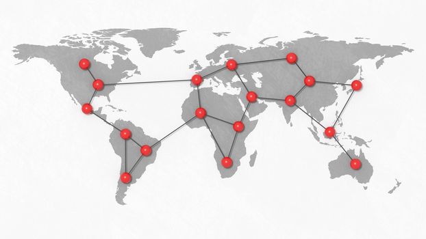 World Map with Red Spots Connected Together 3D Illustration, Worldwide Network Concept