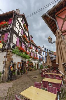 Street and houses in Obernai by day, Alsace, France