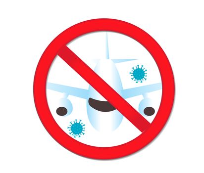 Stop coronavirus. Red prohibition sign airplane, cancellation of flights due to virus. Isolated on a white background. illustration