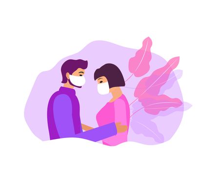 couple of lovers guy and a girl in protective masks. coronavirus concept. illustration.