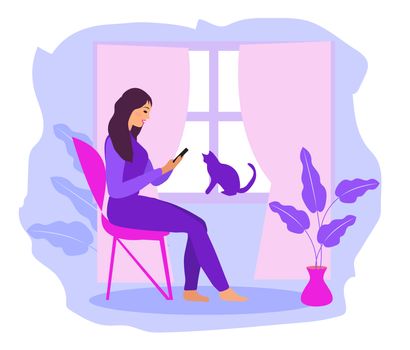 Work at home, freelance. Girl works on a smartphone near the window. A young woman sits on a chair in the house, a cat at the window. illustration.