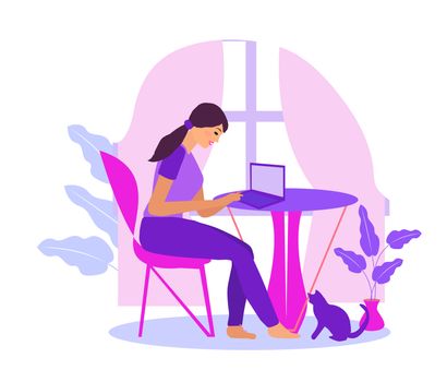 Work at home, freelance. Girl works on a laptop quarantined coronavirus. Young woman in telework self isolation. illustration.