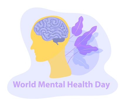 World Mental Health Day. Silhouette of a man's head with brain. Isolated on a white background. illustration.