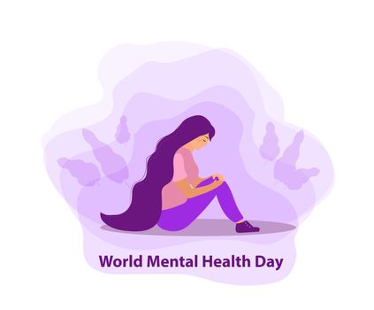 World Mental Health Day. Girl in sadness, depression concept. Isolated on a white background. illustration.