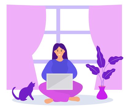 Work at home, freelance. Girl works on a laptop quarantined coronavirus. Young woman in telework self isolation. illustration.